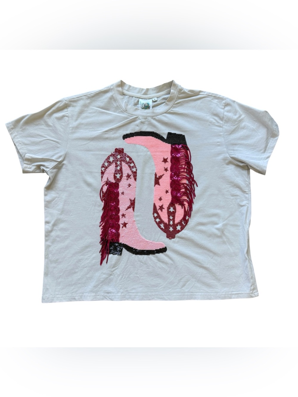 Queen of Sparkles S Pink Sequin Cowboy Boots Fringe Western Rodeo Graphic Tee
